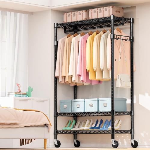 Size 17.7 D x 47.2 W x 83.6 H Color Black Heavy Duty Rolling Garment Rack 3 Tiers Adjustable Wire Shelving Clothes Rack with Rods and Side Hooks,Storage Closet Clothing Rack with Wheels Black 17.7 D x 47.2 W x 83.6 H