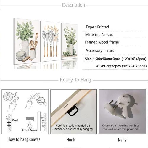 AOYUSMO Kitchen Wall Decor 3 Piece Sage Green Botanical Prints 16x24