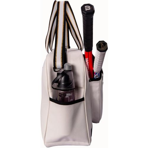 White PU Leather Women Large Sports Handbag Tennis Racket Shoulder Bag Tennis Tote Bag for 2 Rackets, with Water Bottle Holder