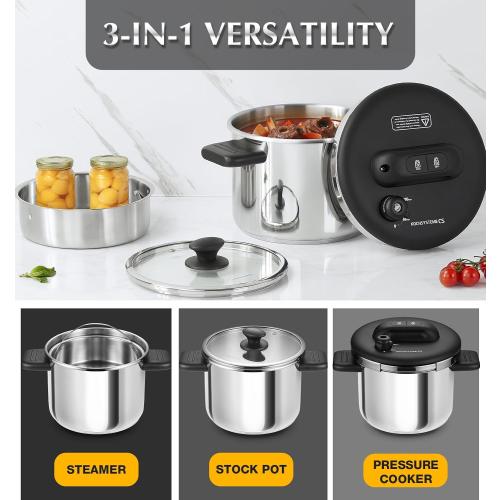 KOCH SYSTEME CS Stainless Steel Pressure Cooker 8.5QT, Olla de Presion, 18/10 Stainless Steel Pressure Cooker, Easy One-Press Lock, Stovetop Pressure Cookers, Induction Ready, Glass Lid & Steamer