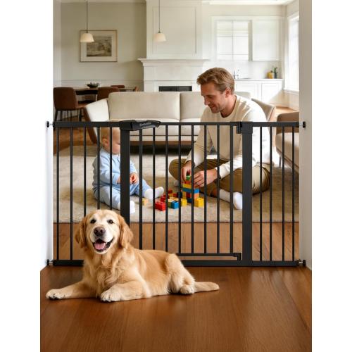 Babelio Extra Wide Baby/Dog Gate PressGuard P7, 29-55 Auto Close for The House and Doorway, Safety Pressure Mounted Pet Door, NO Need Tools and Drilling, Black