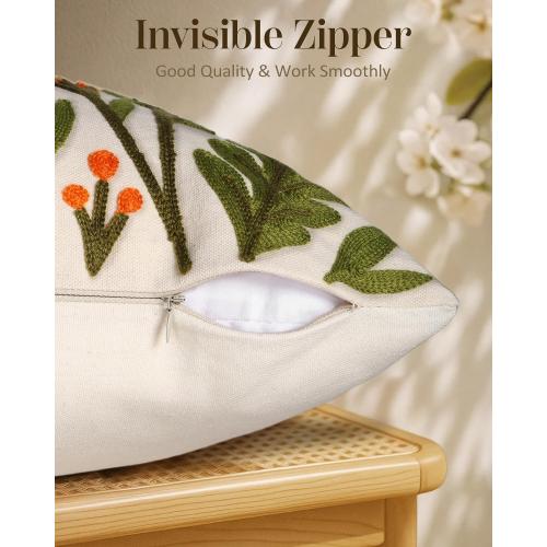 Embroidered Throw Pillow Cover 18x18 Inch - Spring Summer Boho Decorative Pillow Cover with Zipper for Living Room Couch Sofa Bed Aesthetic Design Flower Cluster Cushion Pillowcase