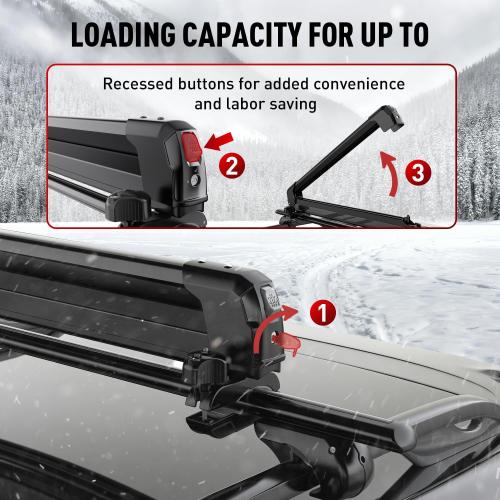Ski & Snowboard Rack for Car Roof, 27.5'' Loading Width Fits 6 Pairs of Skis or 4 Snowboards, Aluminum Roof Rack with Lock & Rubber Padding