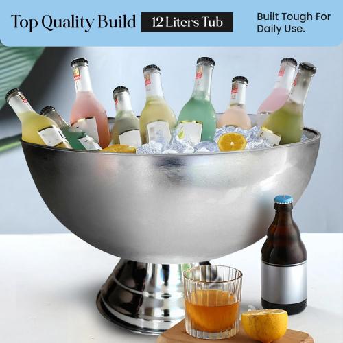 Premium 12L Large Ice Bucket for Parties – 16x16x10 Silver Stainless Steel Beverage Tub with Scoop – Insulated Ice Bucket for Cocktail Bar, Beers & Champagnes – 1.77kg Drink Bucket for Celebrations