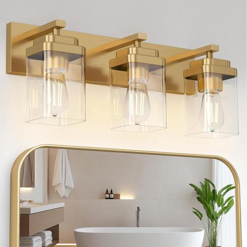 Brushed black Bathroom Light Fixtures, 3 Lights Bathroom Lighting Fixtures Over Mirror, Square Design & Rectangle Large Backplate, Modern Vanity Lighting Fixtures, for Living Room/Bedroom