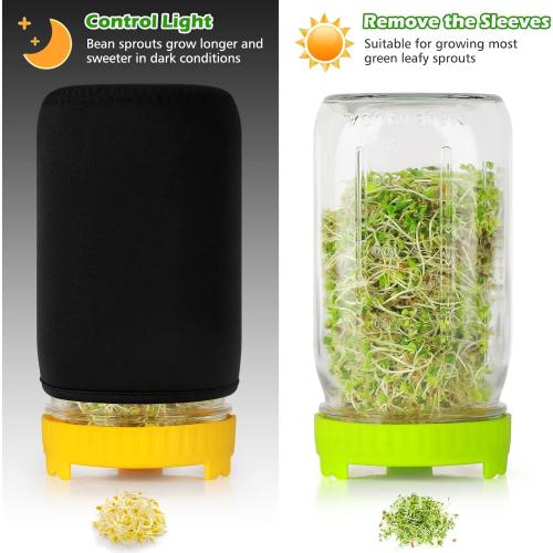 Kitmiido Seed Sprouting Kit, 2 Large Wide Mouth Mason Jars with Sprout Lids, Blackout Sleeves, Drain Tray, Stainless Steel Stand, Sprouts Growing Kit for Bean, Broccoli, Alfalfa (Yellow Green)
