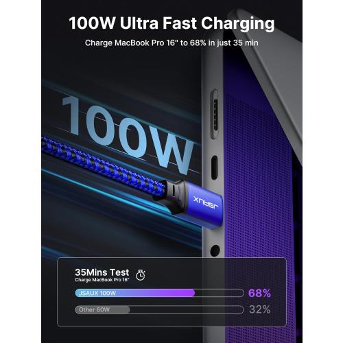 JSAUX 100W USB C to USB C Cable [2-Pack 10FT], Type C Fast Charging Cord for iPhone Air/iPhone 17/iPhone 17 Pro/iPhone 17 Pro Max, iPhone 16/15 Series, Galaxy S/Note Series, MacBook, iPad - Blue