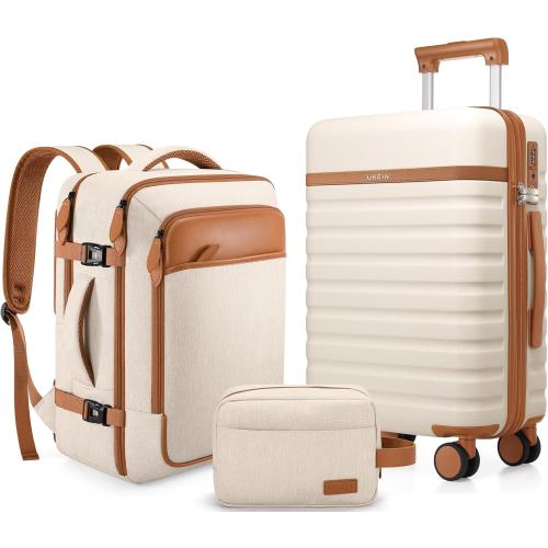 UKEIN Luggage Sets 3 Piece, Carry On Luggage 20In With Spinner Wheels,PC Hardside Suitcase Set with TSA Lock,Durable Carry On Suitcase With Travel Backpack for Men (Beige, 3 piece set (20inch))