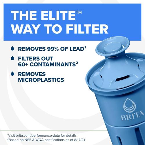 Brita Large 10-Cup Elite Water Filter Pitcher, WQA NSF/ANSI Certified, Reduces 99% of Lead, Microplastics, & 30 Contaminants, BPA-Free, Removes Chlorine Taste & Odor, 1 Elite Filter, White