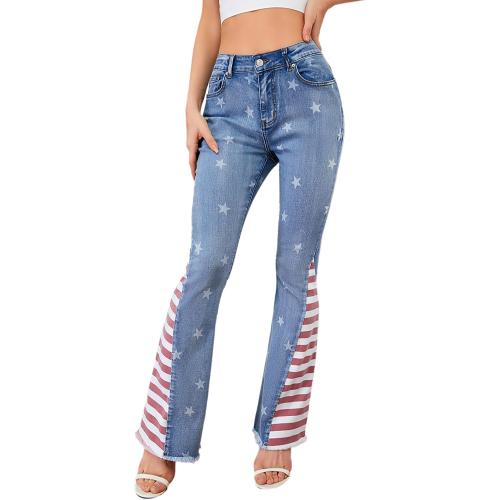 Women's 3XL Ripped American Flag Bell Bottom Jeans High Waisted Frayed Raw Hem Casual Slim Denim Pants