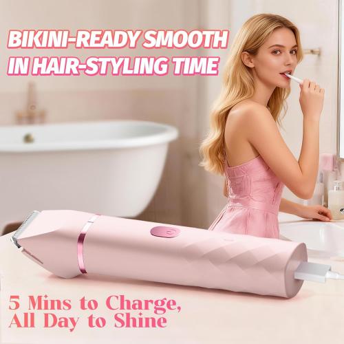 Bikini Trimmer for Women, IPX7 Waterproof, Painless Rechargeable Electric Razor Remover, 2-in-1 Facial & Pubic Hair Removal for Sensitive Skin, Portable Travel Size, Women’s Gift, Pink