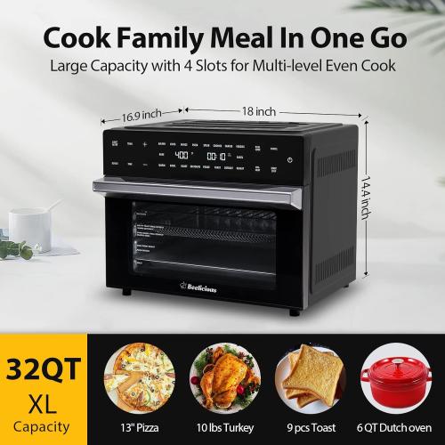 32QT Extra Large Air Fryer, 19-In-1 Air Fryer Toaster Oven Combo with Rotisserie and Dehydrator, Digital Convection Oven Countertop Airfryer Fit 13 Pizza, 6 Accessories, 1800w (Black)