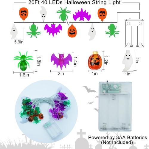 Halloween Lights Decor, 20FT 40 LED 3D Pumpkin Bat Ghost Spider Battery Operated String Lights, Waterproof Twinkle Light for Home Room Door Window Porch Indoor Outdoor Halloween Party Decorations