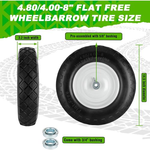 4.80/4.00-8 Tire and Wheel, 16 Flat Free Solid Wheelbarrow Tire with 5/8&3/4 Bearings 3 Hub, 14-16 Universal Fit Wheelbarrow Tires for Hand Truck/Garden Trailer/Trolley/Wagons