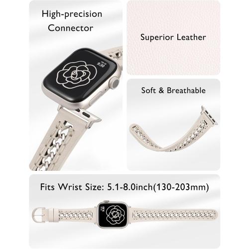 Minyee Leather Band Compatible with Apple Watch Bands 38/40/41/42/44/45/46/49mm Women, Dressy Premium Leather Strap with Stainless Steel Metal Chain for iWatch Series 11 10 9 8 7 6 5 4 SE/Ultra 3 2 1