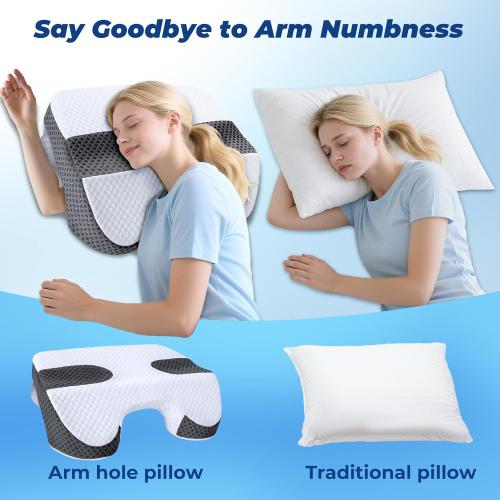 Side Sleeper Pillow with Arm Holes, 2 in 1 Shoulder Relief System for Rotator Cuff Pain, Memory Foam Pillow for Adults with 3 Arm Place Hole - for Side, Back and Stomach, Black