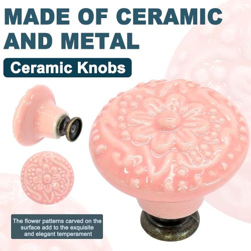 Biaungdo 6 Pcs Pink Ceramic Kitchen Cabinet Knobs and Pulls, Retro and Vintage Round Drawer Knobs for Cabinet, Drawer, Cupboard and Closet Door Handles
