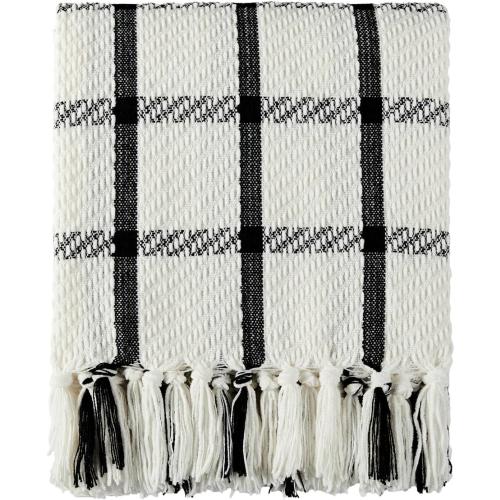 Farmhouse Breathable Soft and Warm Chenille Plaid Throw Blanket for Sofa Couch Bed, Home Decoration Throw with Tassles (Black & White)