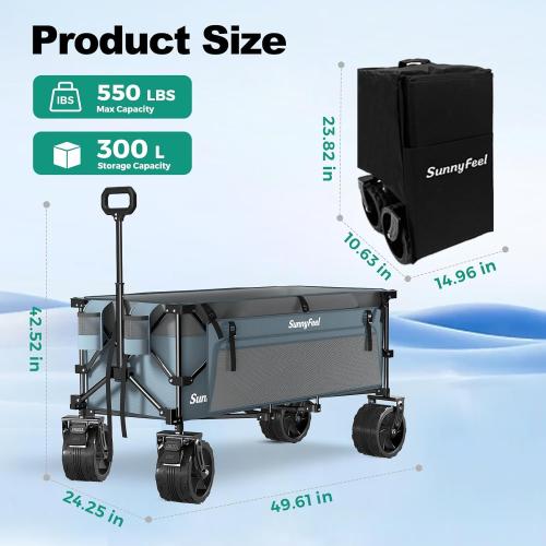 SUNNYFEEL 49 L Foldable Wagon Cart with Big Wheels - 550lbs Heavy Duty Extra Long Collapsible Shopping Cart - Utility Grocery Wagon for Garden Sports Camping Outdoor Activities (Blue)