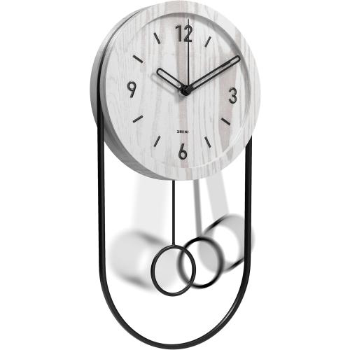 Driini Decorative Wall Clock with Pendulum (White) – Modern Wood, 3D Gold Numbers, Metal Frame – Small, Unique Wall Clocks for Living Room Decor or Bathroom - Battery Operated, Silent, Non-Ticking