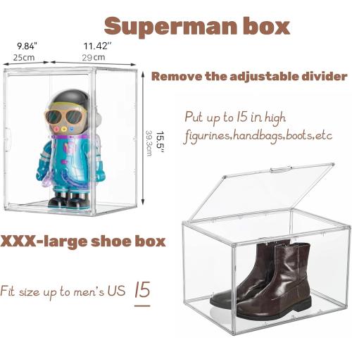 Attelite XXX-Large Clear Display Case Stackable Plastic Storage Bins with Lid, 2 Tiers Boot Shoe Box Organizers with an Adjustable Divider, Big Acrylic Display Storage Box with Magnetic Door