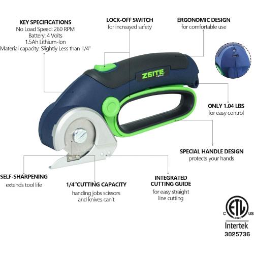 ZEITE 4V Cordless Electric Scissors,Cardboard Cutter with 2 Blades,Storage Box,USB Charging Cable,Power Rotary Cutter,Max Cutting 1/4,for Cardboard Box,Thin Carpet & Plastic, Easy to Hold and Safe
