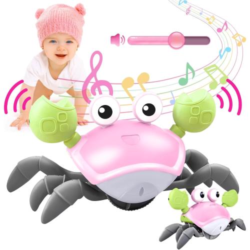 Color Pink Crawling Crab Baby Toy - Tummy Time Toys - with Music and LED Light,Built-in Rechargeable Battery and Volume Can be Turned Off for 0-6 6-12 12-18 36 Months Walking Toddler Birthday Gift(Pink)