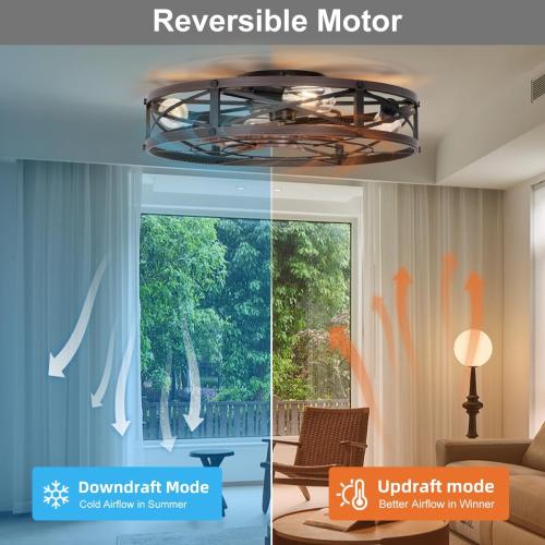 SHLUCE 24 Farmhouse Caged Flush Mount Ceiling Fan with Light, Rustic Low Profile Bladeless Ceiling Fans with Lights and Remote, Modern Large Ceiling Fan with Light for Bedroom, Kitchen, Brown - ETL