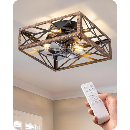 EDISHINE Caged Ceiling Fans with Lights Flush Mount, Rustic Square Low Profile Enclosed Fan Ceiling with Remote, 2/4 H Timer, Reversible 6 Speed, Farmhouse Small Fan for Bedroom, Kitchen, Dining Room