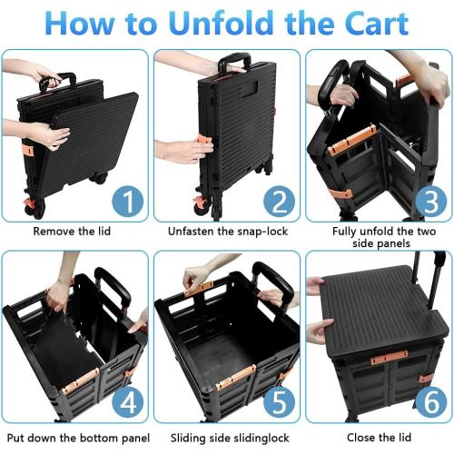 Utility Cart Folding Portable Rolling Crate Handcart with Lid Durable Heavy Duty Plastic Telescoping Handle Collapsible 360 Degree Rotate Wheels for Travel Shopping Moving Luggage Office Use,Black