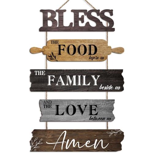 5pcs Color Brown Pigort Kitchen Wall Decor Bless the Food Before Us Dining Room Wall Decor - Farmhouse Wall Art For Kitchen Dining Room- Wooden Rustic 5pcs Roped Sign 12x18 Inches(Brown)