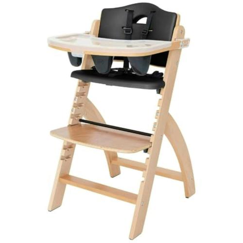 Abiie Beyond Junior Wooden High Chair for Babies and Toddlers - Convertible 3-in-1 Baby Highchair with Removable Tray - 6 Months to 250 Lb - Water Resistant - Natural Wood/Black Pearl Cushion