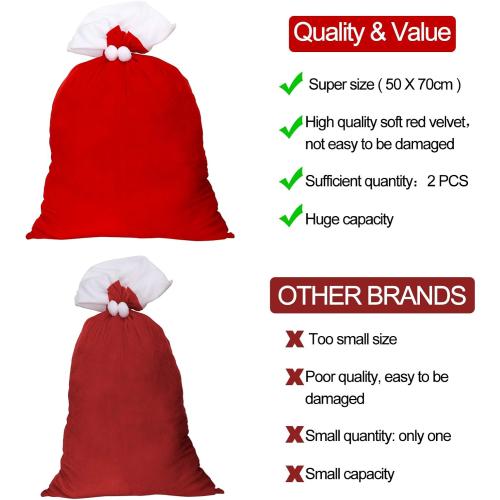 Shappy 2 Pcs Christmas Velvet Santa Gifts Bags 20 x 28 Inch Large Santa Gift Sack with Drawstring Christmas Gift Presents Bags for Xmas Present Toys Holiday Party Supplies(Red)