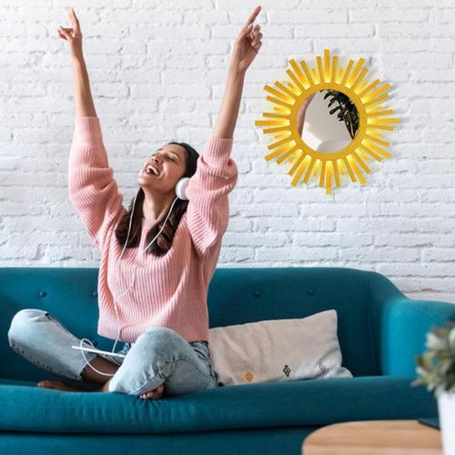 Gold Rising-Sun Mirror Wall Decor with Remote-Control Multicolor Lights,12 inch Boho Wall Decor for Bedroom Living Room Bathroom Kitchen (Gold 12in)