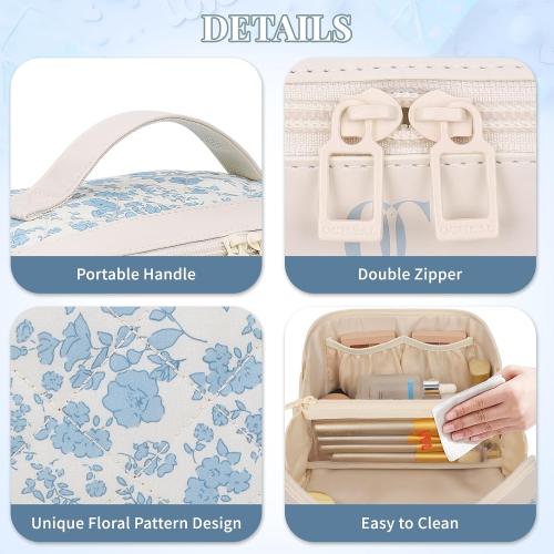 Travel Makeup Bag Organizer Cosmetic Bag, 2Pcs Floral Make up Bag Portable Pouch Open Flat Pouch Clear Divider and Handle