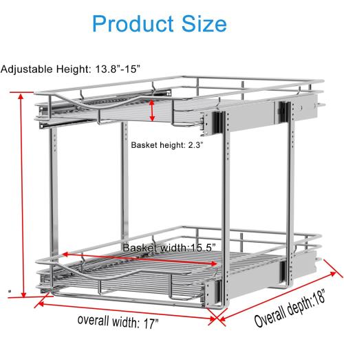 DINDON 2 Tier Pull Out Cabinet Organizer (17 W x 18 D) Heavy-Duty Metal Sliding Drawer Shelf, Two Tier Pull Out Shelves for Kitchen Cabinets, Pantry, Bathroom, Chrome Finish