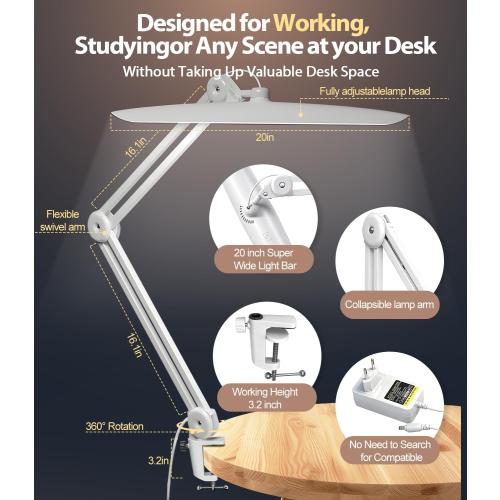 Led Desk Lamp with Clamp, Eye Caring Architect Desk Light for Home Office, Dual Screen Computer Monitor Gooseneck Adjustable Arm 20 LED Lamp, Stepless Dimming, for Nails &Salon, Reading, Workbench