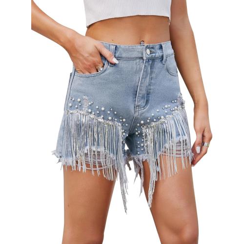 Size 2XL Snoly Women's Shorts Colored Rhinestone Sexy Summer High Waist Fringe Tassel Frayed Ripped Denim Jean Shorts