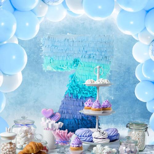 Sratte Number 1 2 3 4 5 6 7 8 9 Piñata with Stick Blindfold Confetti, Gradient Blue Piñata for Kids Boys Girls Birthday Party Anniversary Decorations Supplies(Number 7)