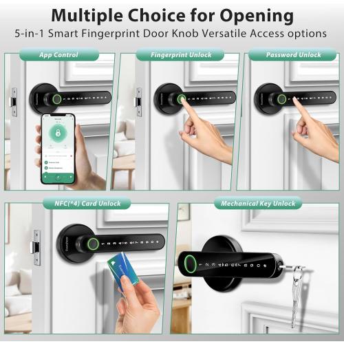 Smart Door Lock with Knob, Keyless Entry Door Locks with Handle, Fingerprint Door Knob for Bedroom/Front Door/Apartment,Generate Passcode Remotely