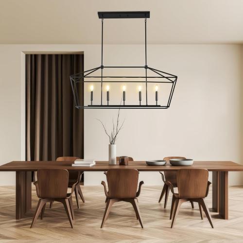 MantoLite Farmhouse Chandelier 5-Lights Black Kitchen Island Dinning Light Fixtures Industrial Height Adjustable Hanging Pendant Lighting Metal E12 Rustic Chandeliers for Dinning Room（No Bulbs）