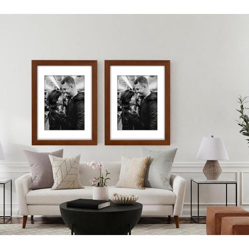 12x16 inch or 9x12 with Mat Poster Frame Set, Wall Mount Vertically or Horizontally, Plexi Glass Thick Creamy Mat, Stained Stained Cinnamon Brown Wood Grain Molding, 2 Pack