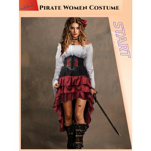 Size/L Verceco Pirate Costume Women Outfit with Renaissance Pirate Shirt Skirt Corset Waist Belt Womens Halloween Pirate Costumes (White Red, L)