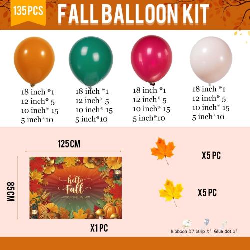 Fall color Balloon Garland Arch Kit hunter green maroon Sand White Orange Balloons with artificial maple leaf and backdrop for Thanksgiving Harvest Birthday Little Pumpkin ecorations