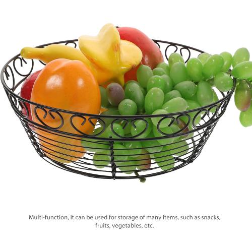 Iron Wire Bread Basket and Fruit Bowl for Kitchen Counter, Black Metal Wire Storage Basket, Round Home Fruit Holder for Table Centerpiece and Serving