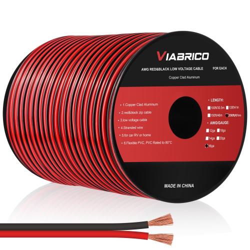 16Gauge 200FT Electrical Wire Cable 2 Conductors Red Black Cable Hookup LED Lighting Strips Flexible Wire Extension Cord 16AWG Copper Clad Aluminum Copper Wire 12V/24V DC 61M