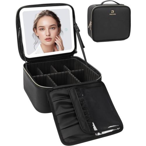 .Relavel Makeup Bag with Light Up Mirror, Makeup Case Travel Cosmetic Bags Brush Organizer Storage Box, Rechargeable Vanity Mirror with 3 Color Lights, High Frame Mirror Protection (Black)
