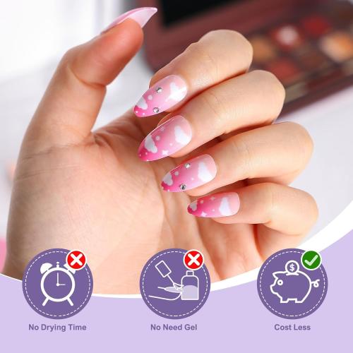 morily 24pcs Press on Nails Medium Length Almond Fake Nails Kit Long Ombre Pink Acrylic False Nails with White Cloud Design Crystal Artificial Glossy Stick on Nails Finger Manicure for Women