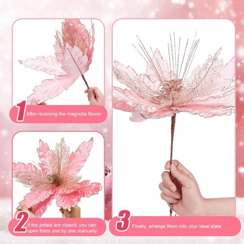 6 Pcs 18 x 15 Inch Large Pink Christmas Poinsettia Flowers Jumbo Rose Gold Xmas Ornament Pink Christmas Tree Decorations Rose Gold Glitter Poinsettia for Wreath Garland Indoor Outdoor Decor