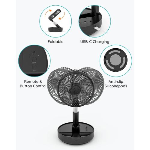 Primevolve Portable Oscillating Standing Fan,Rechargeable Battery Operated USB Floor Table Desk Fan with Remote, Bedroom Camping Travel Fans Black 7.7